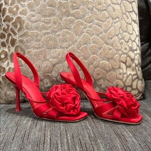 Delta Scarlet Satin Heels with Rosette Accent